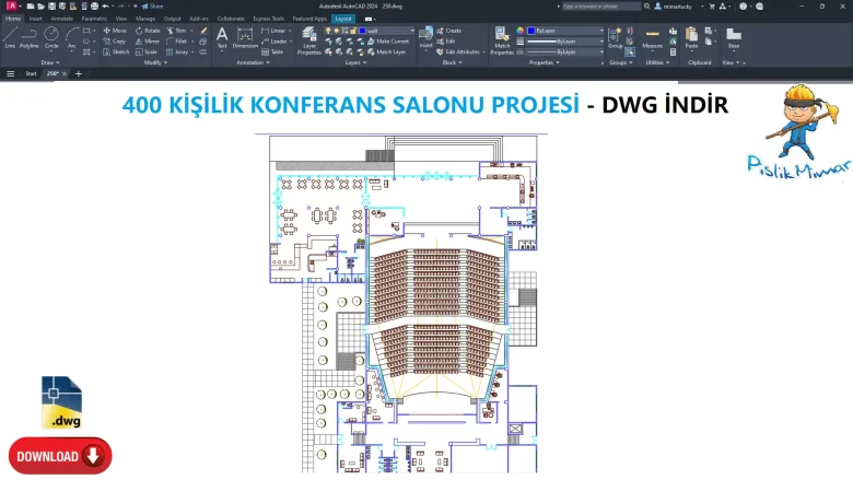 400 Kişilik konferans salonu projesi, dwg indir