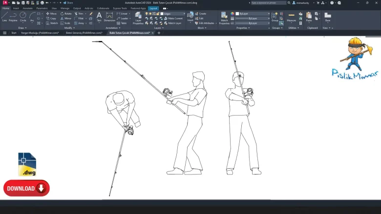 Balık Tutan Çocuk çizimi, Balık tutan dwg, Boy Catching Fish CAD Blocks