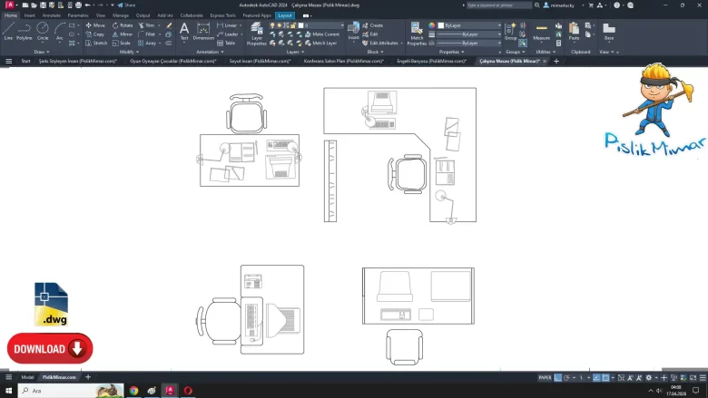 Çalışma Masası dwg, Desk dgw, autocad drawing