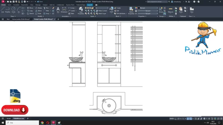 Dolaplı lavabo dwg çizimi, Washbasin with Cabinet dwg, cad blocks