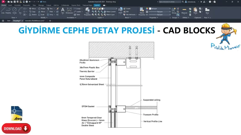 Giydirme Cephe Detay dwg, Curtain Wall Detail CAD Blocks, AutoCAD Drawing