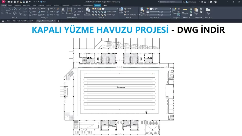Kapalı Yüzme Havuzu dwg, Indoor Swimming Pool CAD Blocks