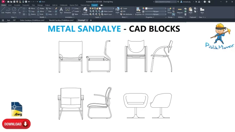 Metal Sandalye dwg, Metal Sandalye çizimi, Metal Chair CAD Blocks, AutoCAD drawing
