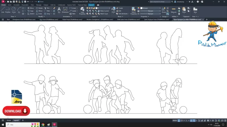 Oyun oynayan çocuk çizimi, çocuk dwg, Children Playing Games dwg, autocad drawing