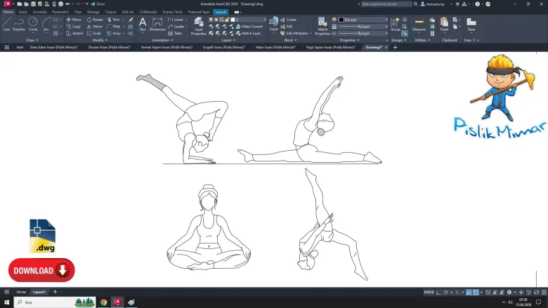 Yoga yapan insan dwg çizimi, Person Doing Yoga dwg, autocad drawing