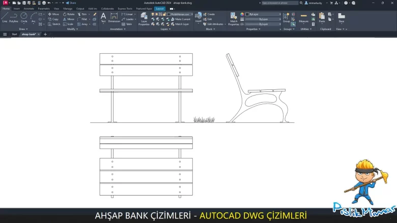 ahsap bank dwg, Drawings of wooden bench seating area