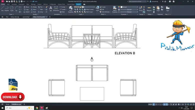 bahçe oturma grubu dwg çizimi, Garden Seating Set dwg, autocad drawing