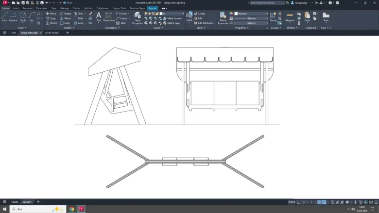 bahçe salıncağı dwg çizimi, Garden Swing dwg, autocad drawing