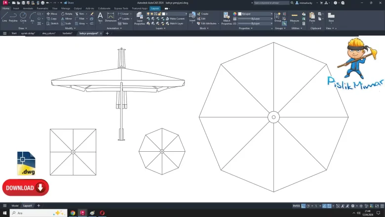 bahçe şemşiyesi dwg çizimi, Garden Umbrella dwg, autocad drawing, cad blocks