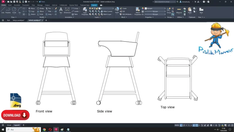 bebek sandalyesi dwg çizimi, child chair dwg, baby chair dwg