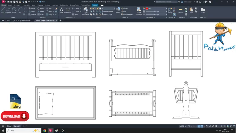 bebek yatağı dwg çizimi, Baby Bed dwg çizimi, autocad drawing