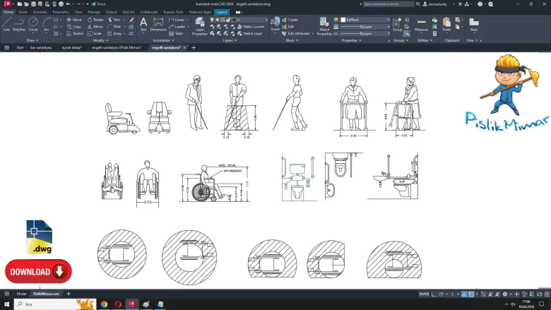 engelli sandalyesi dwg çizimi, wheelchair dwg, autocad drawing