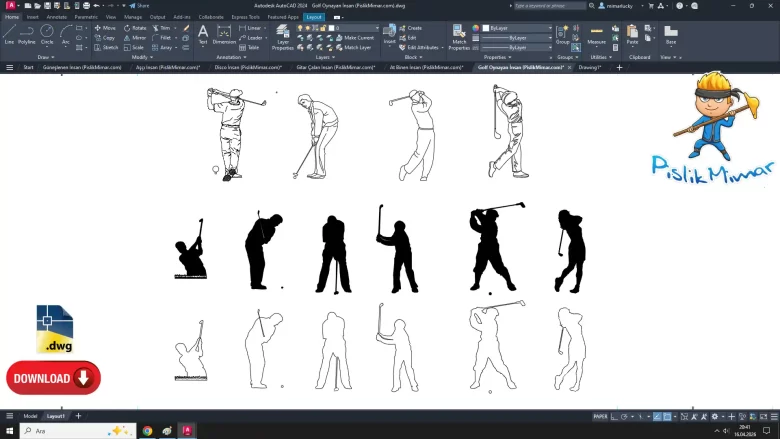 gold oynayan insan dwg, Person Playing Golf dwg, autocad drawing