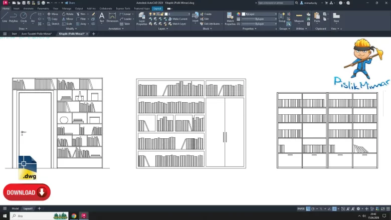 kitaplık dwg çizimi, Library dwg, autocad drawing