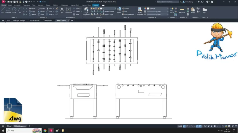 langırt masası dwg çizimi, Foosball Table cad block, autocad drawing