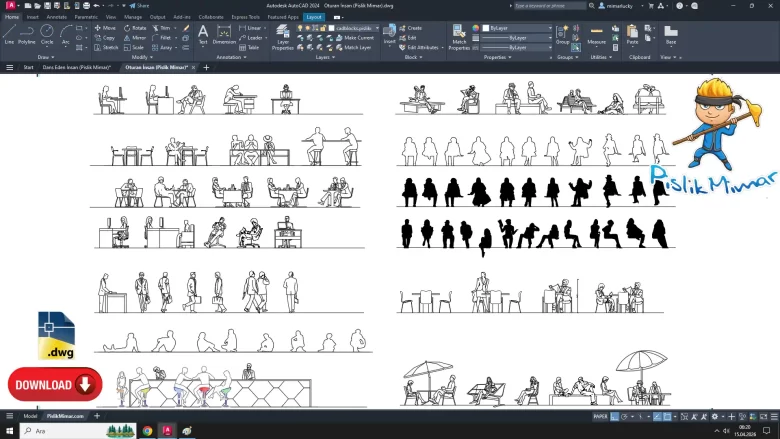 oturan insan dwg çizimi, Sitting Person dwg, autocad drawing