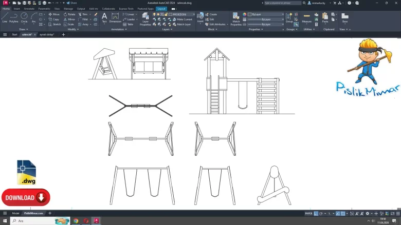 salınca dwg çizimi, swing dwg cad block, autocad cad block