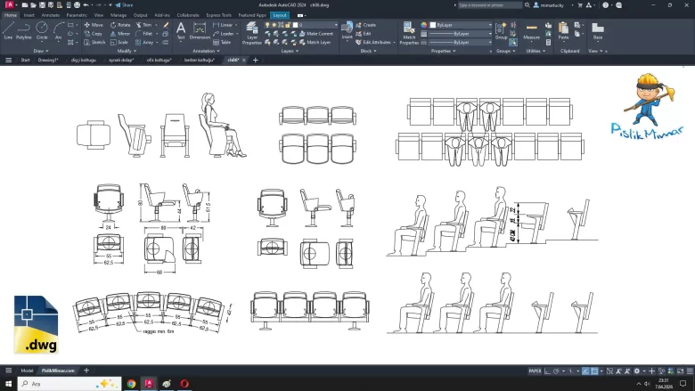 sinema koltugu dwg çizimi, Cinema Seat dwg, autocad drawing