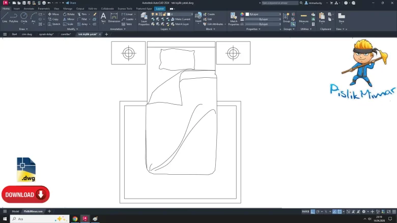 tek kişilik yatak dwg, Single Bed, autocad drawing