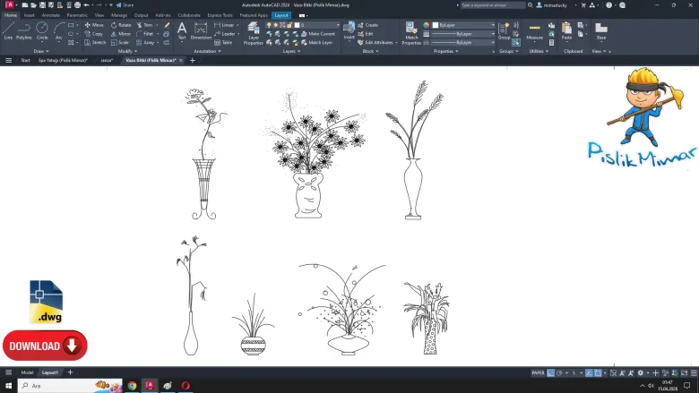 vazo bitki dwg çizimi, Vase Plant dwg, cad blocks autocad