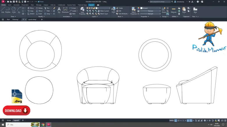 yuvarlak koltuk dwg çizimi, Round Sofa dwg, autocad drawing