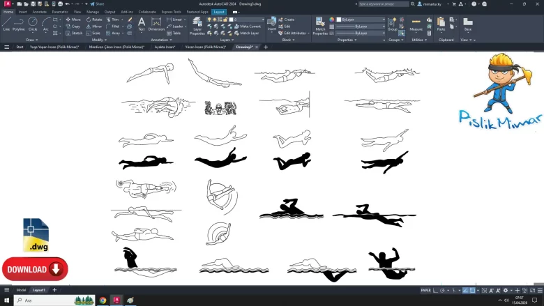 yüzen insan dwg çizimi, Swimming Person dwg, cad blocks, autocad drawing